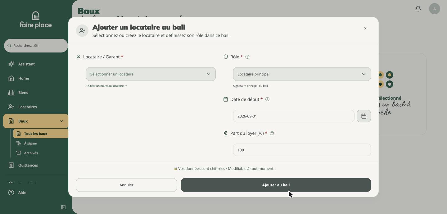 Ajouter un locataire au bail, avec son rôle et sa part du loyer