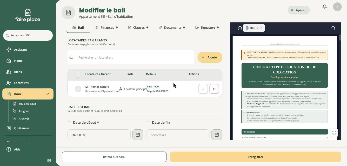 Onglet Bail : locataires, garants et dates
