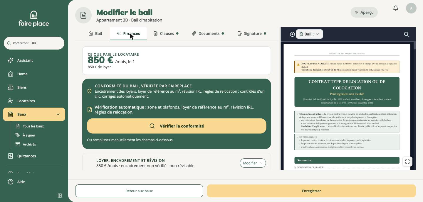Onglet Finances avec le contrôle de conformité