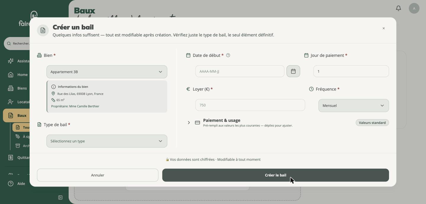 Formulaire de création : bien, type de bail, dates, loyer