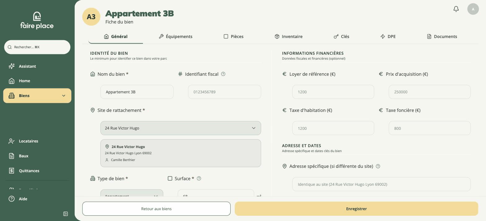 La fiche du bien et ses onglets : Général, Équipements, Pièces, Inventaire, Clefs, DPE, Documents