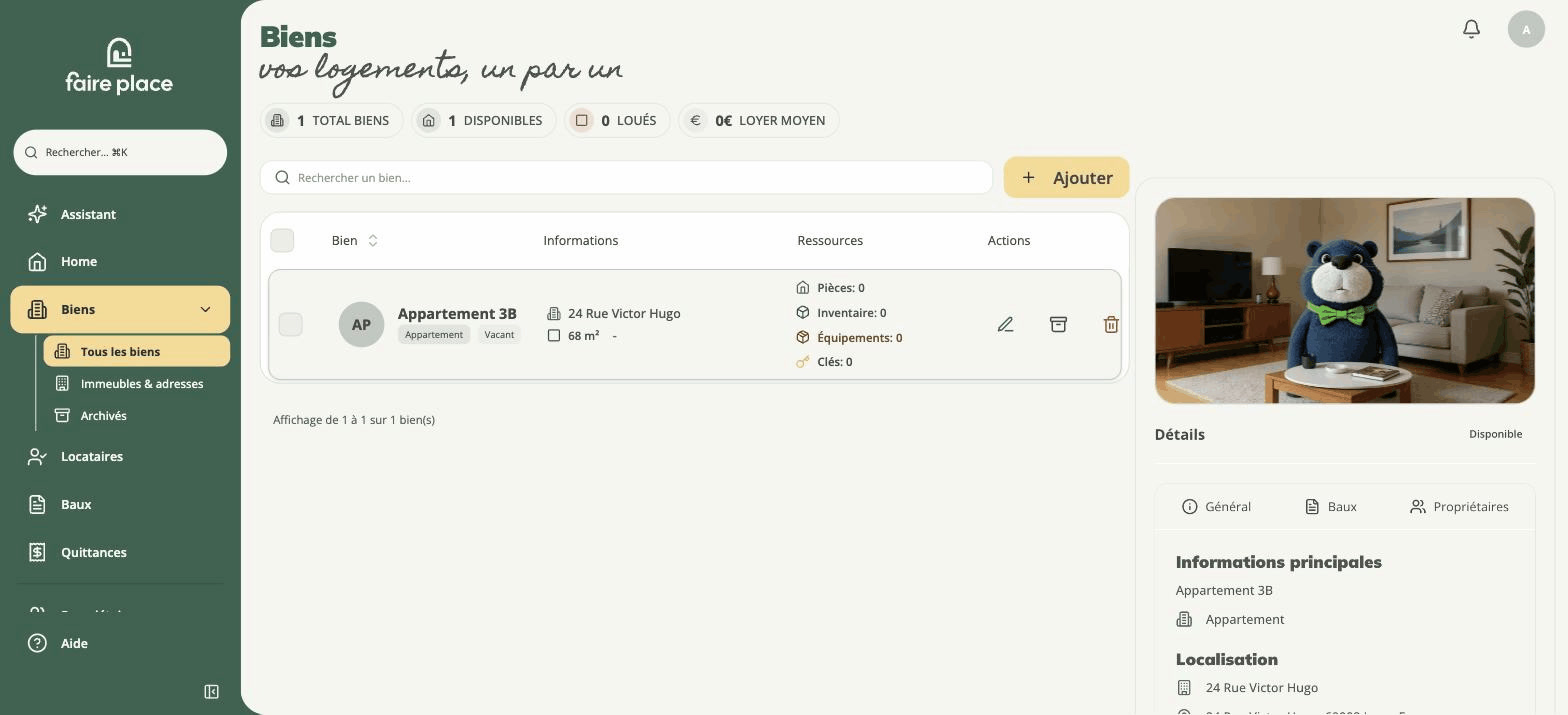 La liste des biens, avec le décompte des pièces, de l'inventaire, des équipements et des clefs