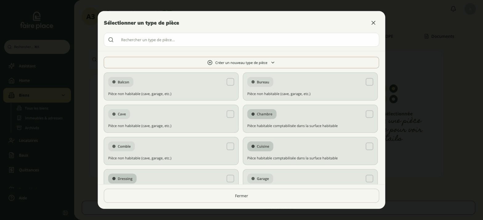 Le sélecteur de type de pièce, qui distingue pièce habitable et pièce non habitable
