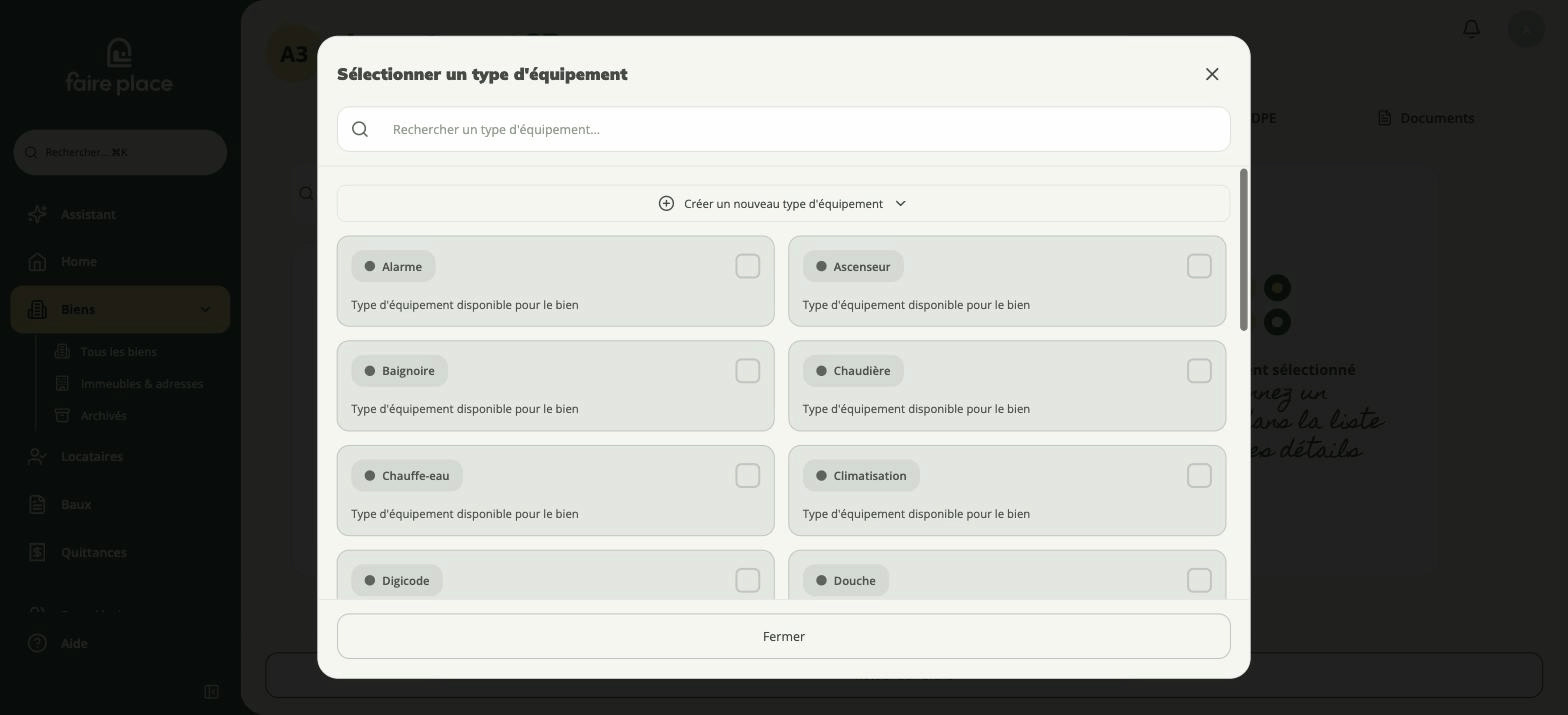 Le sélecteur de type d'équipement