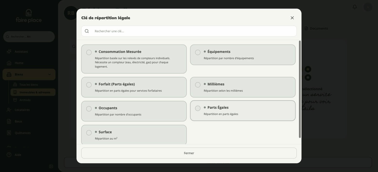 Le sélecteur de clef de répartition légale, avec ses sept options
