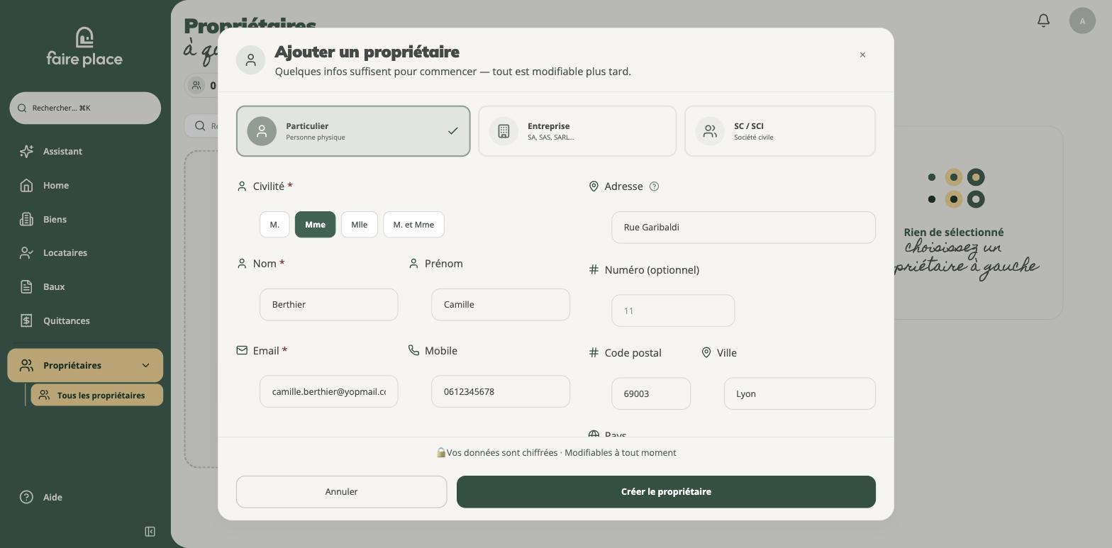 Formulaire de création d'un propriétaire