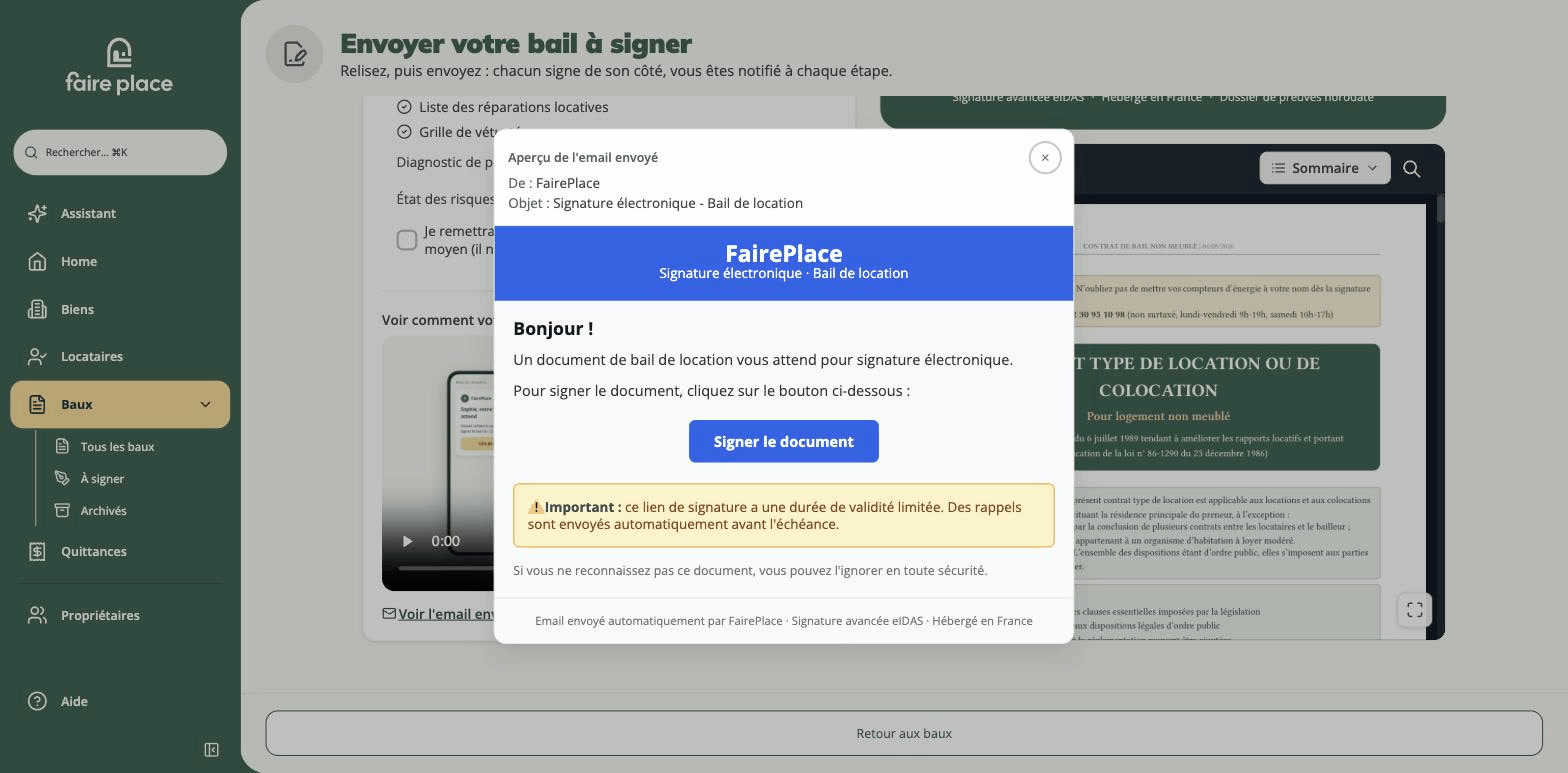 L’email de signature reçu par le locataire