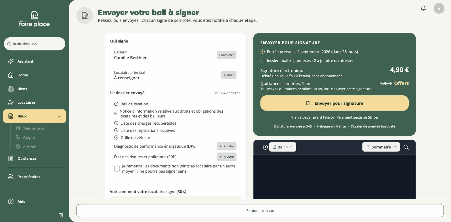 L'écran d'envoi, avec les signataires, le dossier et le prix