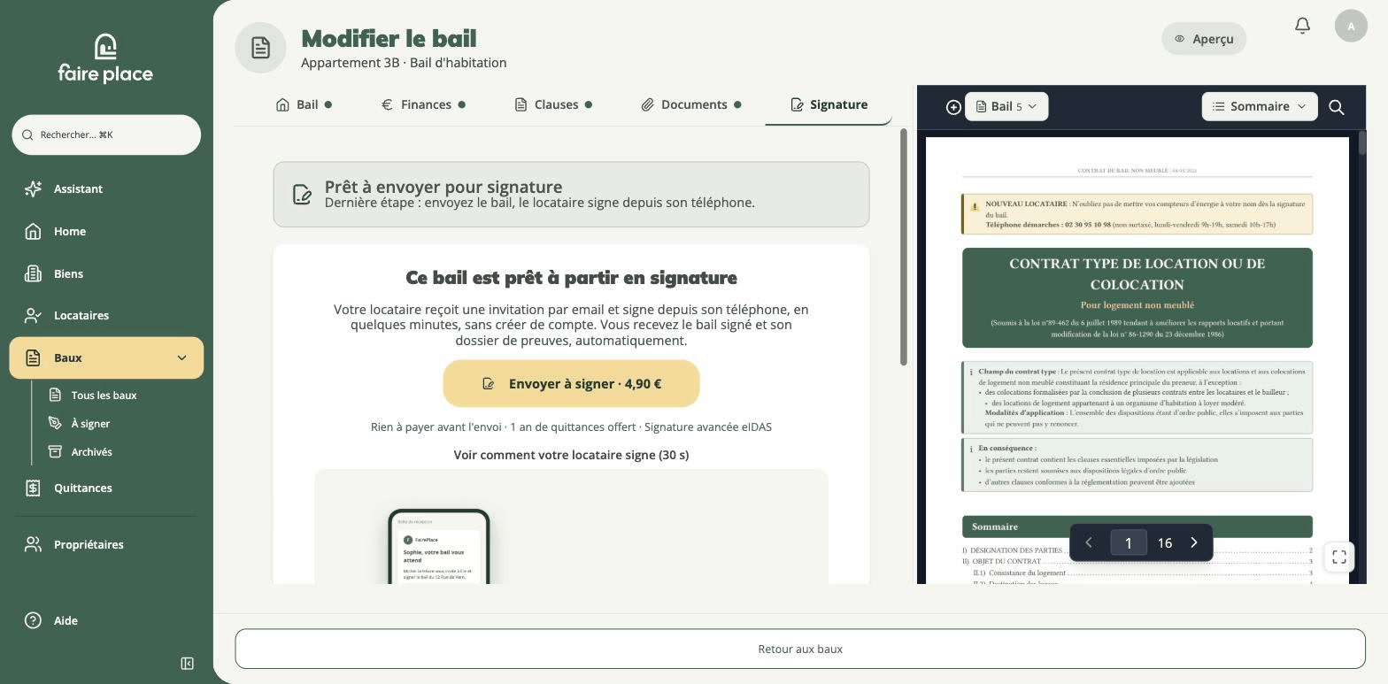L'onglet Signature d'un bail prêt à partir