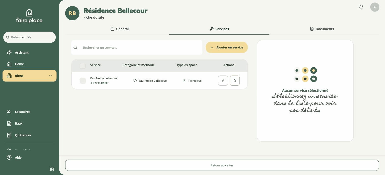La liste des services du site, après ajout