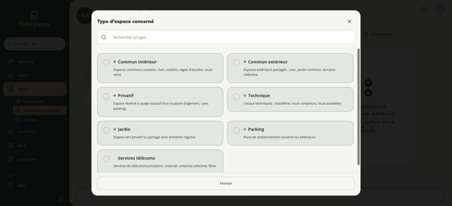 Le sélecteur de type d'espace concerné